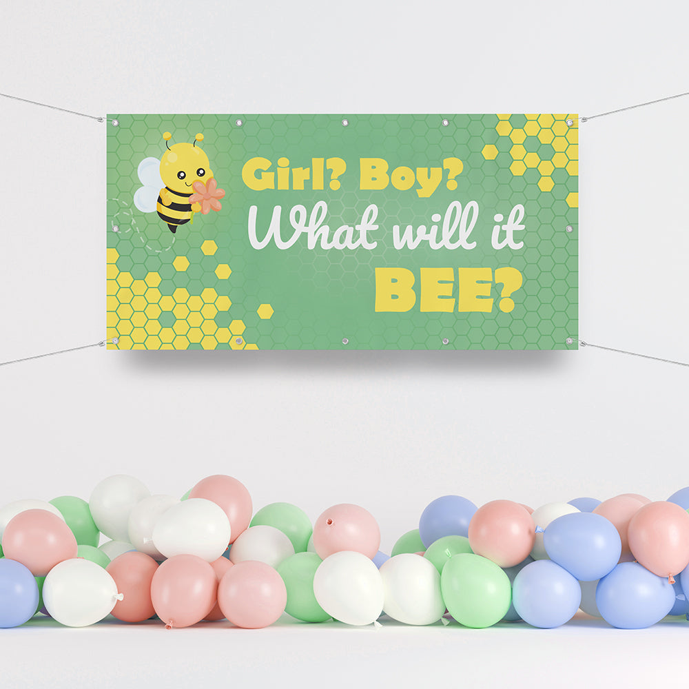 Banner Babyparty Gender Reveal "What will it Bee" Beispiel im Raum mit Ballons - grün