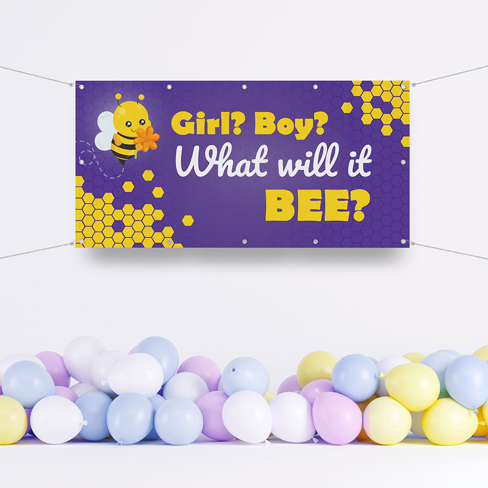 Banner Babyparty Gender Reveal "What will it Bee" Beispiel im Raum mit Ballons - lila