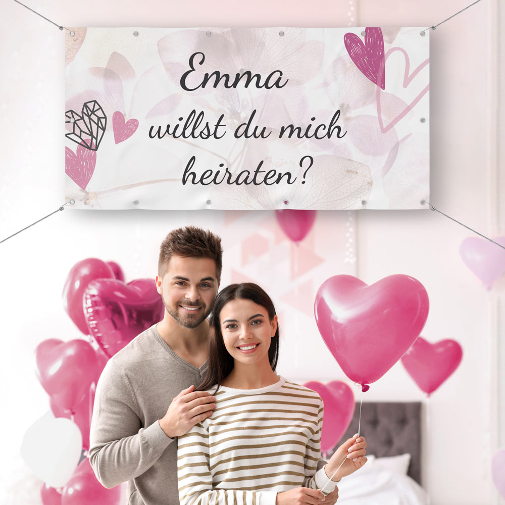 Banner Heiratsantrag "Blüten" zum Personalisieren mit Namen, Beispielbild mit Beispieltext