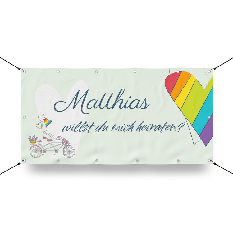 Banner Heiratsantrag "Regenbogen" zum Personalisieren, Hauptbild mit Beispieltext