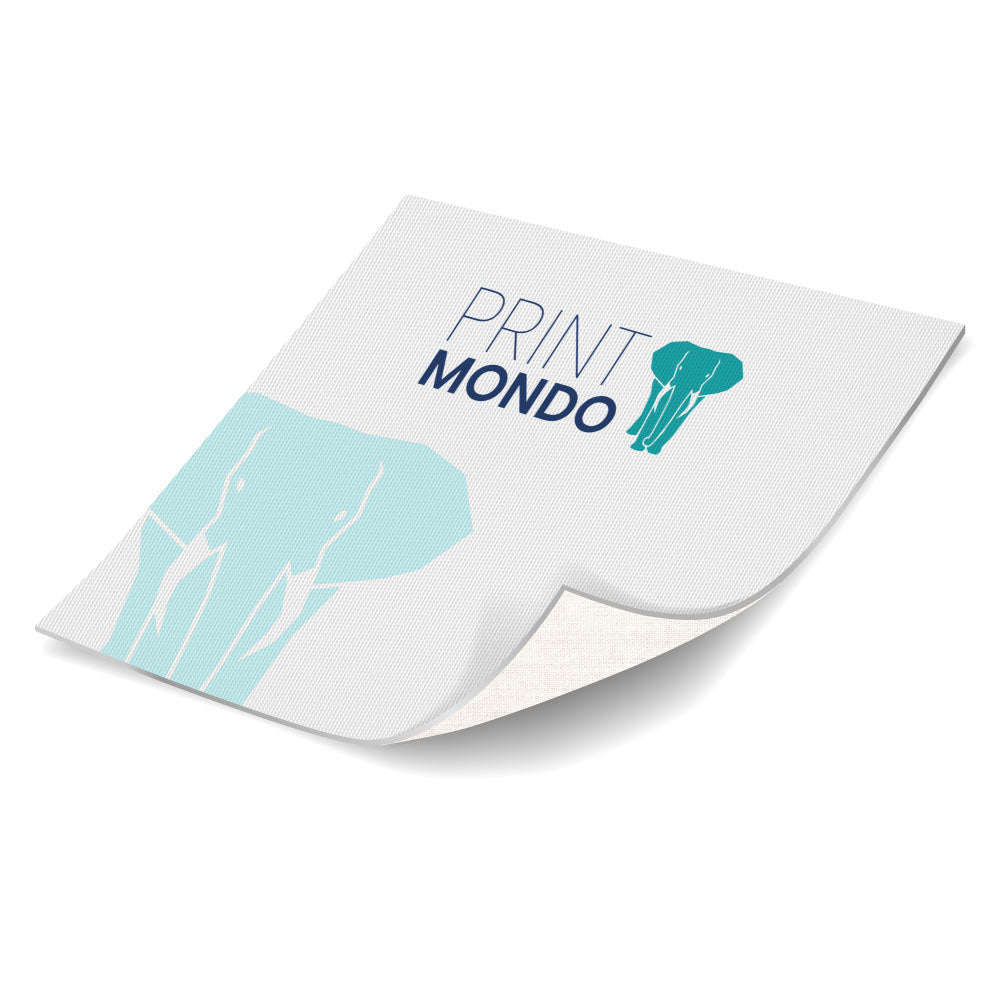 Bilddarstellung Canvas-Leinwandmaterial bedruckt mit einem blauen Print Mondo Logo und großen mintfarbigem Elefanten.