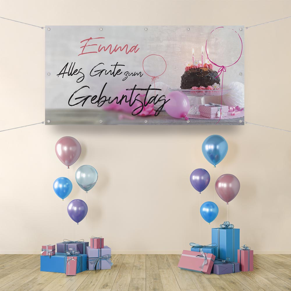 Geburtstagsbanner Sweet Pink Beispiel im Raum hängend mit Ballons