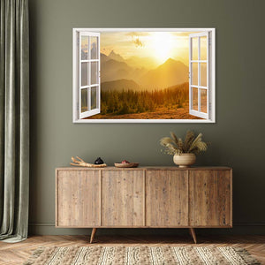 Leinwandbild Fensterblick "Berge und Sonnenaufgang" an olivgrüner Wand über Sideboard