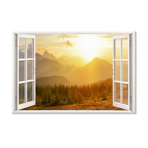 Leinwandbild Fensterblick "Berge und Sonnenaufgang" Hauptbild