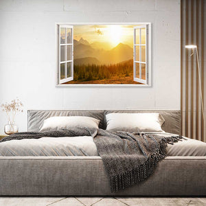 Leinwandbild Fensterblick "Berge und Sonnenaufgang" im Schlafzimmer über Bett