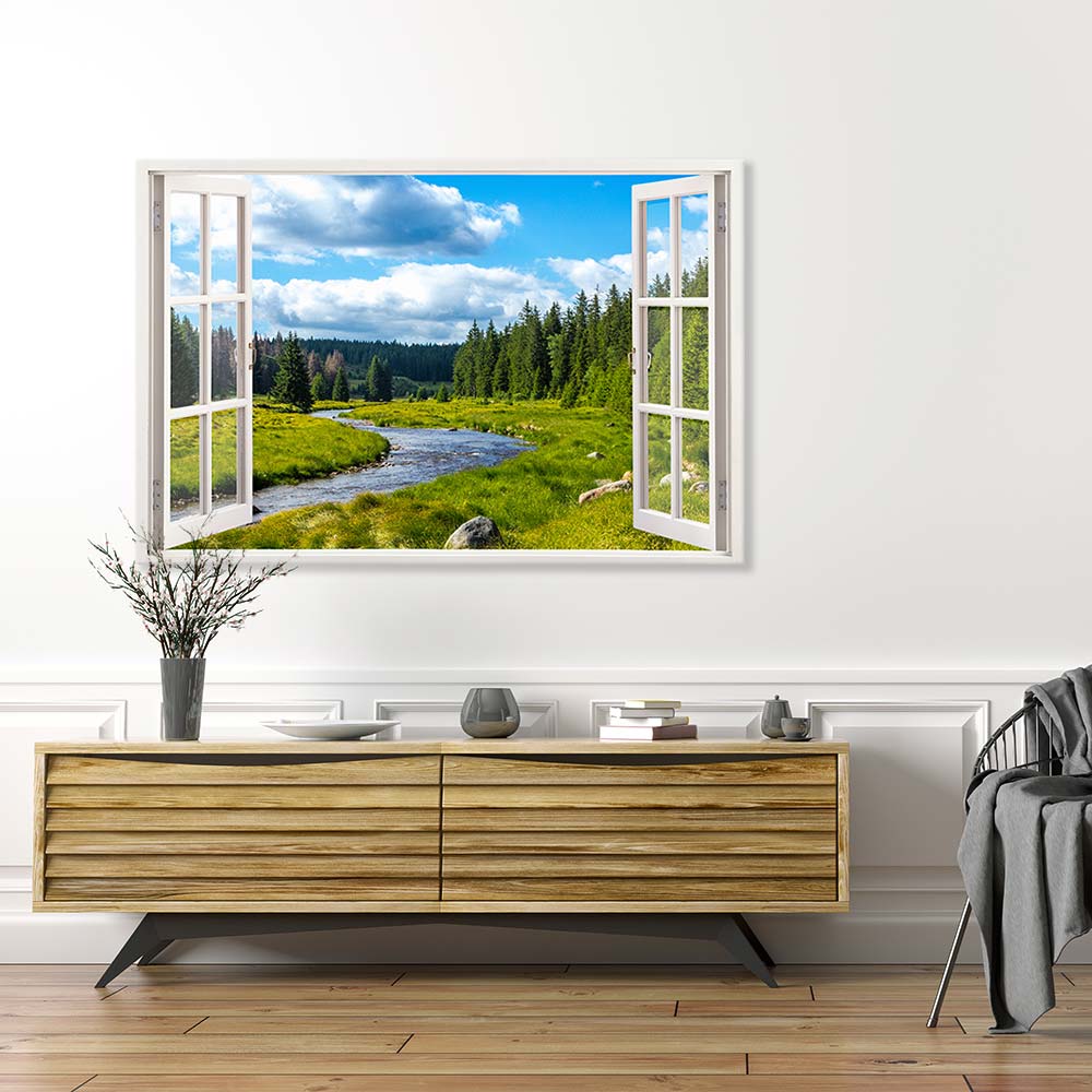 Leinwandbild Fensterblick "Berge und Fluss" über Sideboard