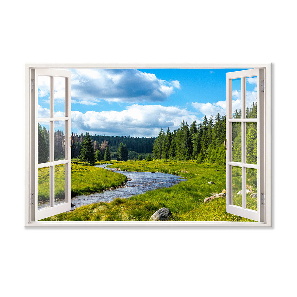 Leinwandbild Fensterblick "Berge und Fluss" Hauptbild