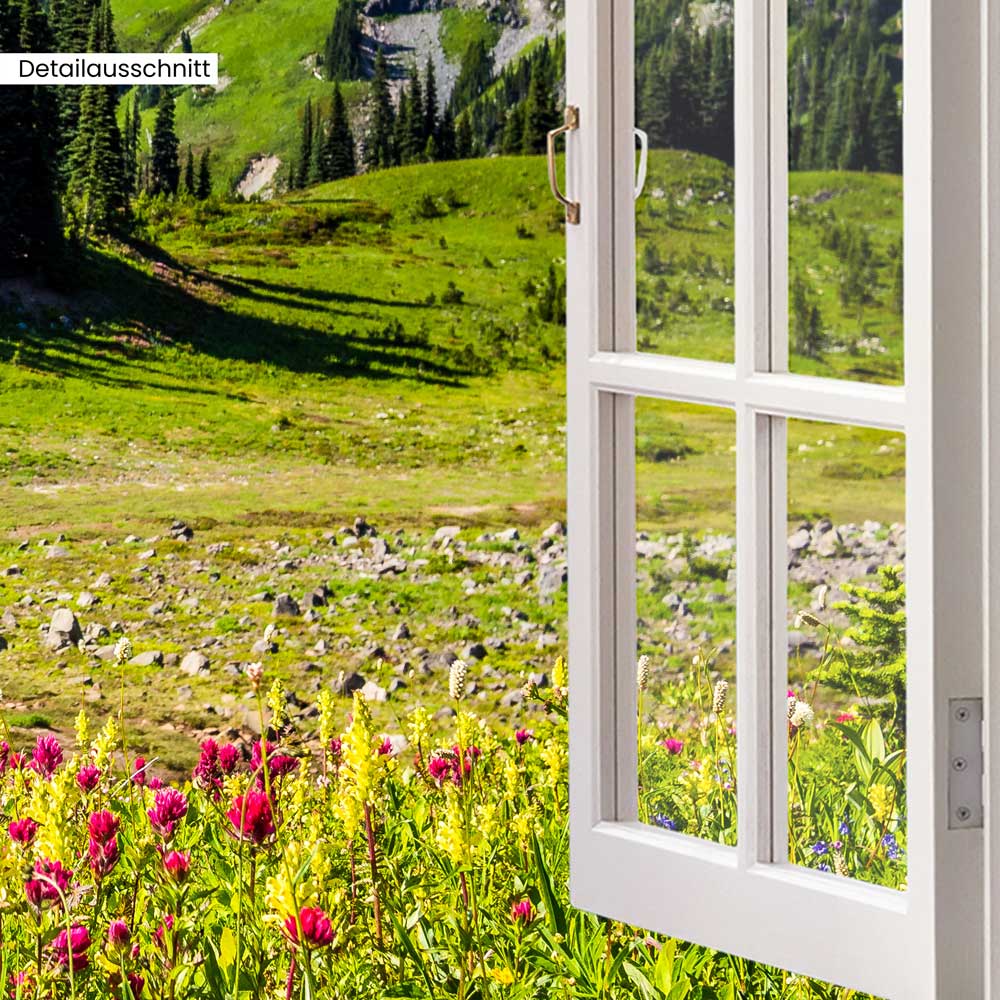 Detailausschnitt Leinwandbild Fensterblick "Berge und Wildblumen"