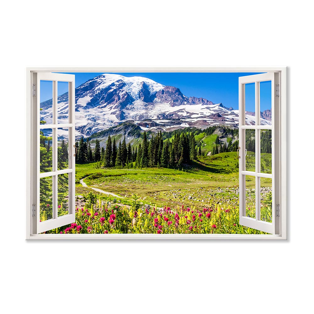 Leinwandbild Fensterblick "Berge und Wildblumen" Hauptbild