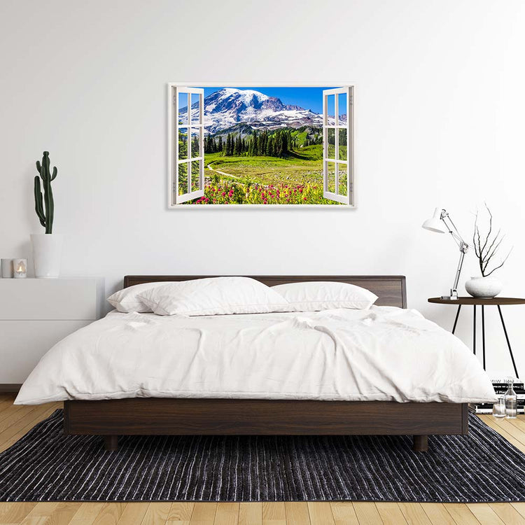 Leinwandbild Fensterblick "Berge und Wildblumen" im Schlafzimmer über Bett