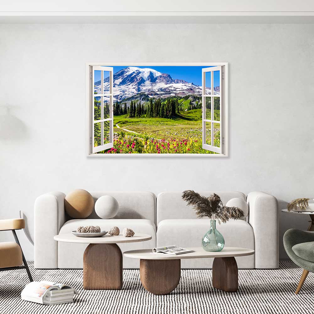 Leinwandbild Fensterblick "Berge und Wildblumen" im Wohnzimmer über Couch