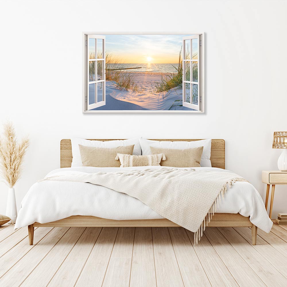 Leinwandbild Fensterblick "Dünen und Meer" im Schlafzimmer