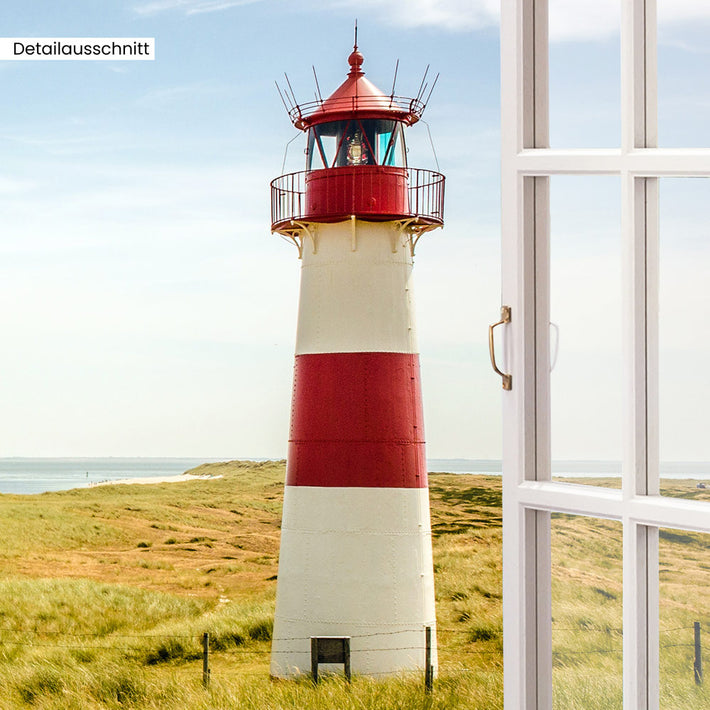 Detailausschnitt Leinwandbild Fensterblick "Strand mit Leuchtturm"