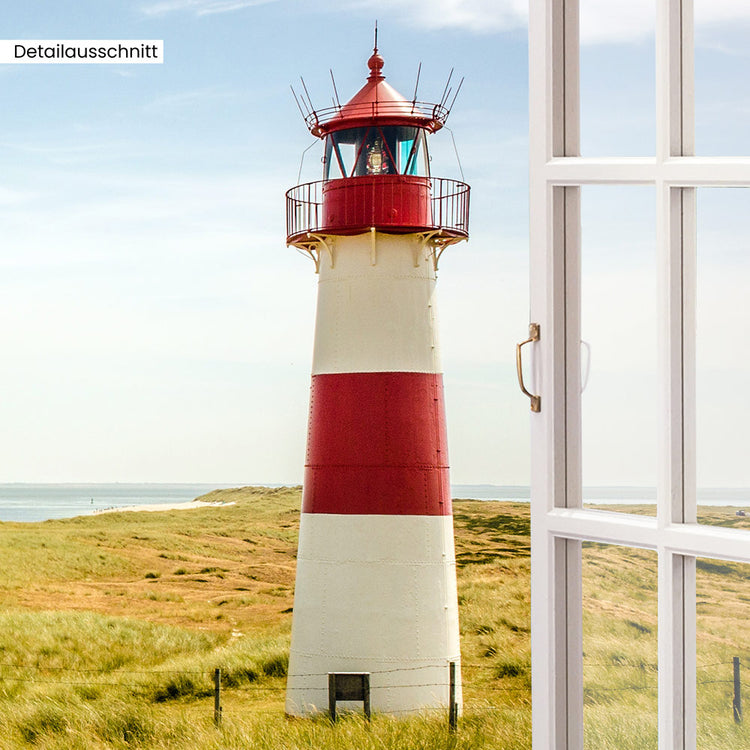 Detailausschnitt Leinwandbild Fensterblick "Strand mit Leuchtturm"