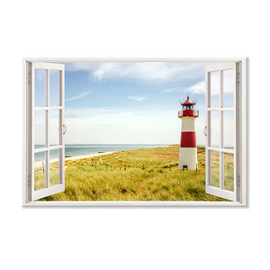 Leinwandbild Fensterblick "Strand mit Leuchtturm" Hauptbild