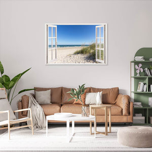 Leinwandbild Fensterblick "Ostsee Strand" im Wohnzimmer über Couch