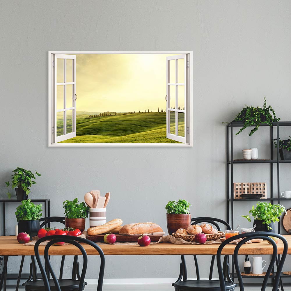 Leinwandbild Fensterblick "Toscana" über gedecktem Tisch im Esszimmer