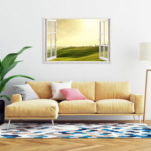 Leinwandbild Fensterblick "Toscana" über gelbem Sofa im Wohnzimmer