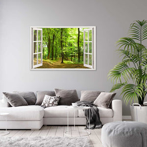 Leinwandbild Fensterblick "Wald" im Wohnzimmer über Sofa