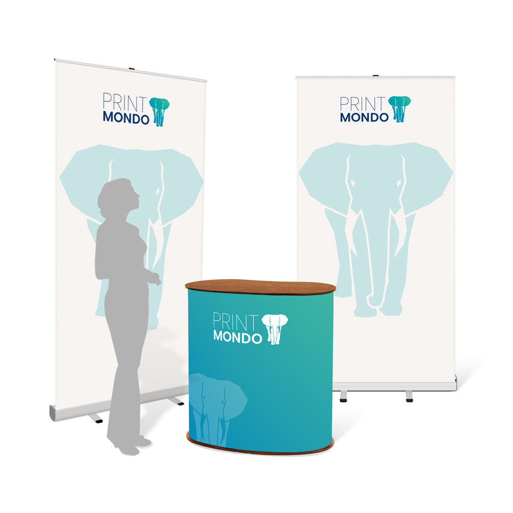Eventstand Set Starter large mit 2 RollUp 100cm und einer Promotiontheke. Hier mit einem Beispieldruck in weiss und türkis mit dem Print Mondo Elefanten Logo in blau.