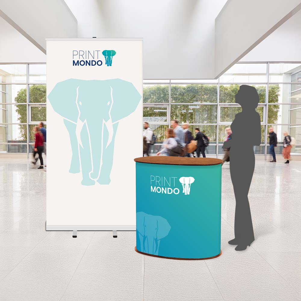 Beispielfoto Messeset Starter small mit Promotiontheke und RollUp-Display