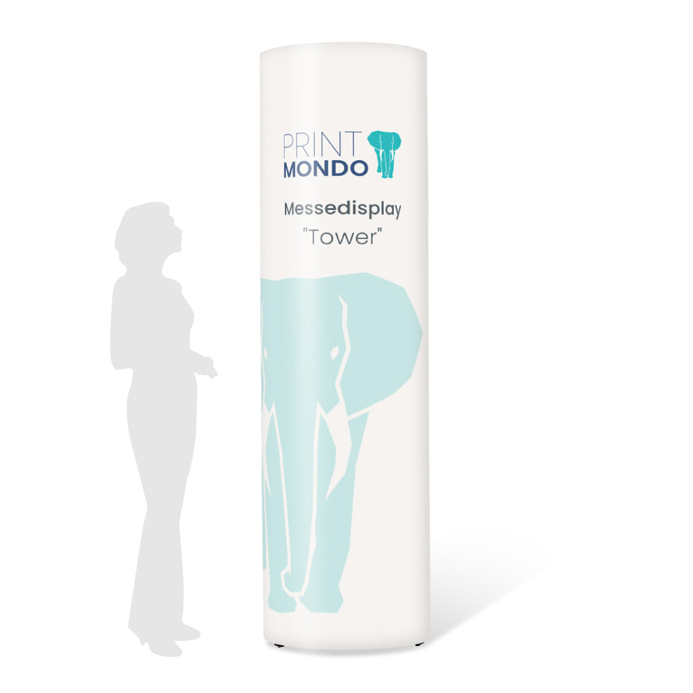 Frontansicht Tower mit hellem Druckmotiv und Schattenperson, um die Größe darzustellen.