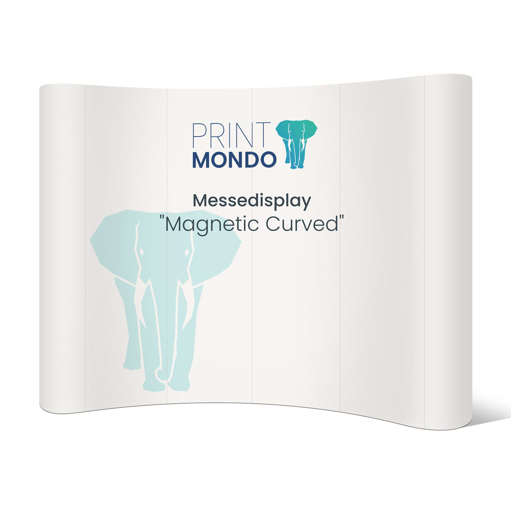 Gebogenes Messedisplay „Magnetic Curved“ mit Printmondo-Logo und Elefantenmotiv – hochwertiges Werbesystem für Messen und Events IN einem weissen Raum.