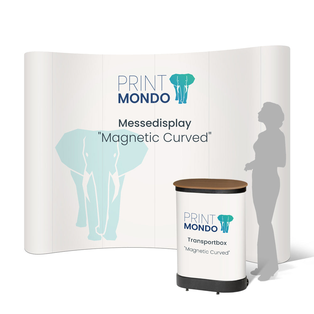 Geschwungenes Messedisplay mit großem Elefantenmotiv und zugehöriger Transportbox, ideal für professionelle Präsentationen auf Messen und Events.