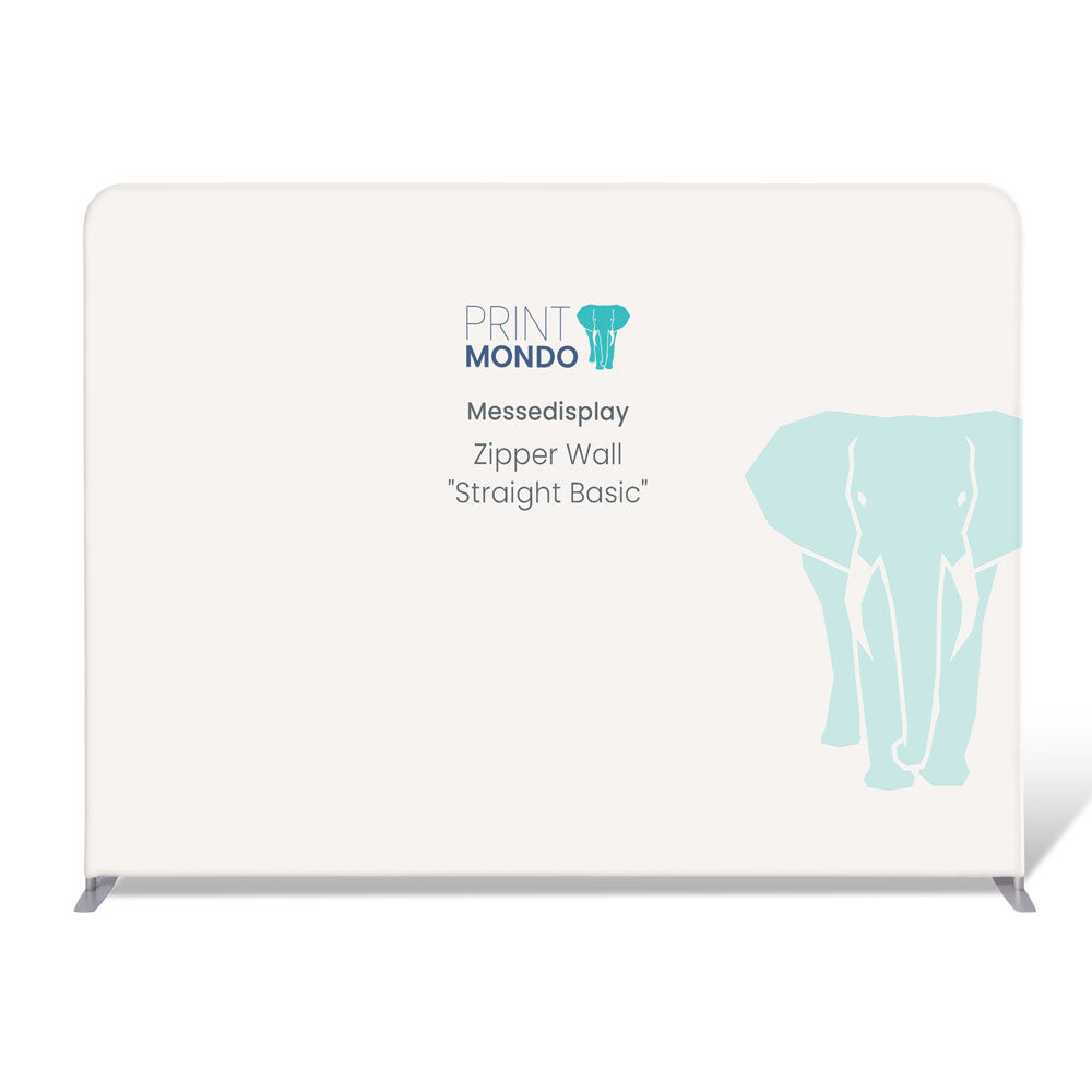 Messewand Zipper Wall Straight Basic in 300x230cm , wahlweise einseitig oder beidseitig bedruckbar. Hier mit einem Beispieldruck in weiss und türkis mit dem Print Mondo Elefanten Logo in blau.