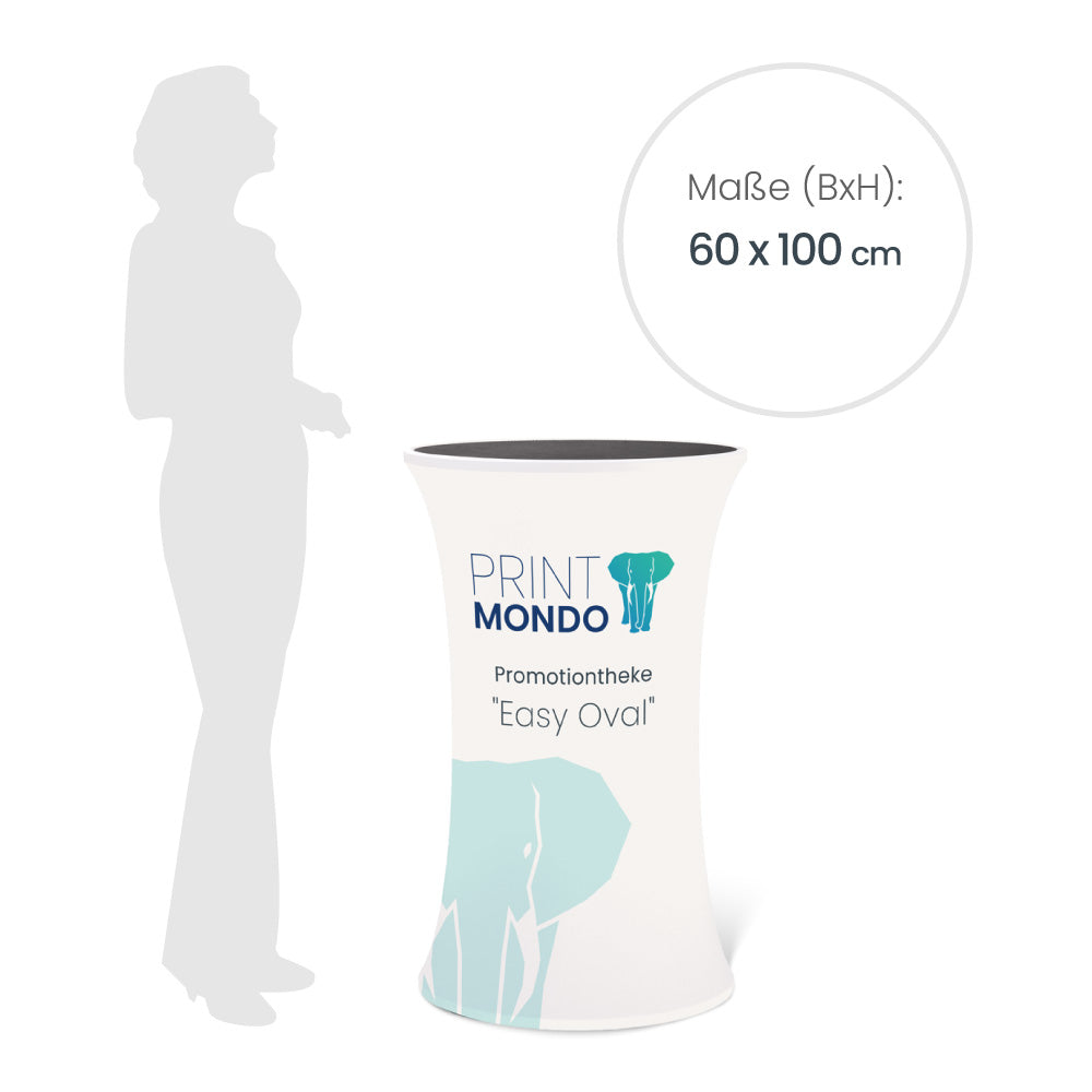 Ansicht Theke easy Oval mit Schattenperson daneben, zum größen vergleich. Theke mit Druck Darstellung.