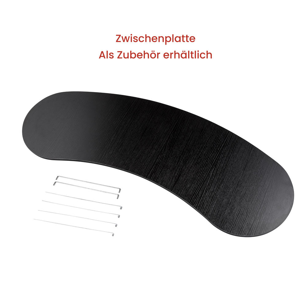 Ansicht Zwischenplatte die als Zubehört gekauft werden kann. die Zwischenplatte ist aus Holz und schwarz. Alustäbe zum einhängen in der Lamelle sind mit abgebildet.