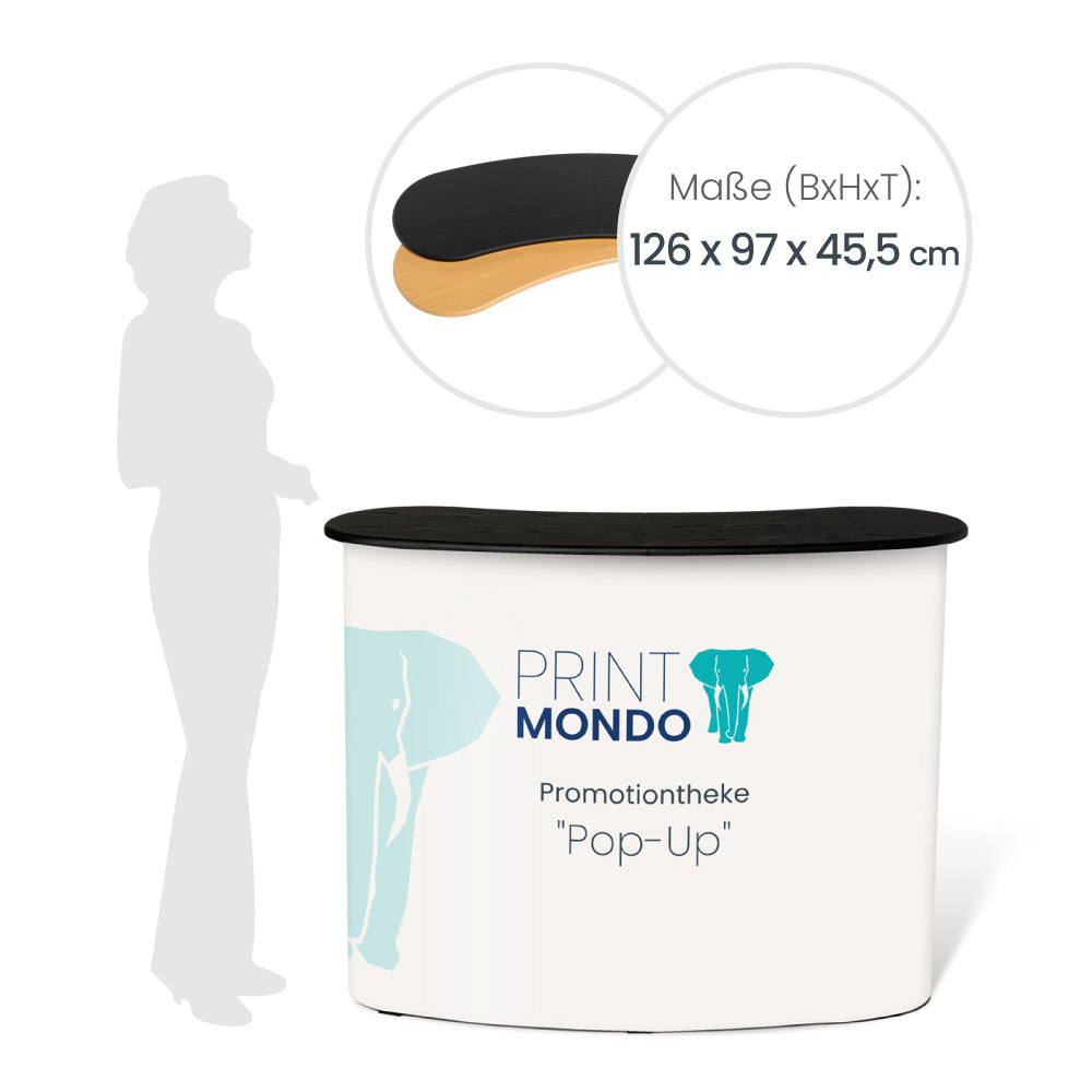 Promotiontheke Pop Up mit Druck und der Darstellung von zwei Farben bei den Tischplatten, daneben eine Schattenperson zum Größenvergleich. Dazu in einem Kreis die Information des Aufstellmaße 126 x 97 x 45,5cm