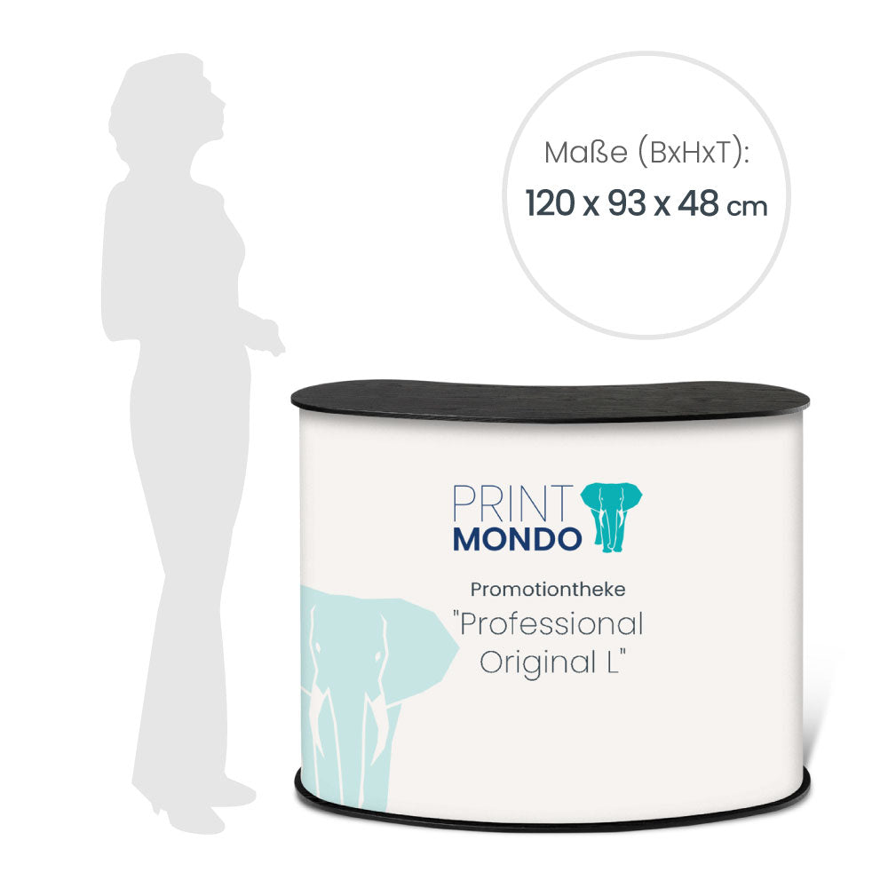Frontansicht Professional L Theke mit Druck und Schattenperson daneben zum Größenvergleich. Dazu die Information über das Aufstellmaß 120 x 93 x 48 cm. Hier mit einem Beispieldruck in weiss und türkis mit dem Print Mondo Elefanten Logo in blau.