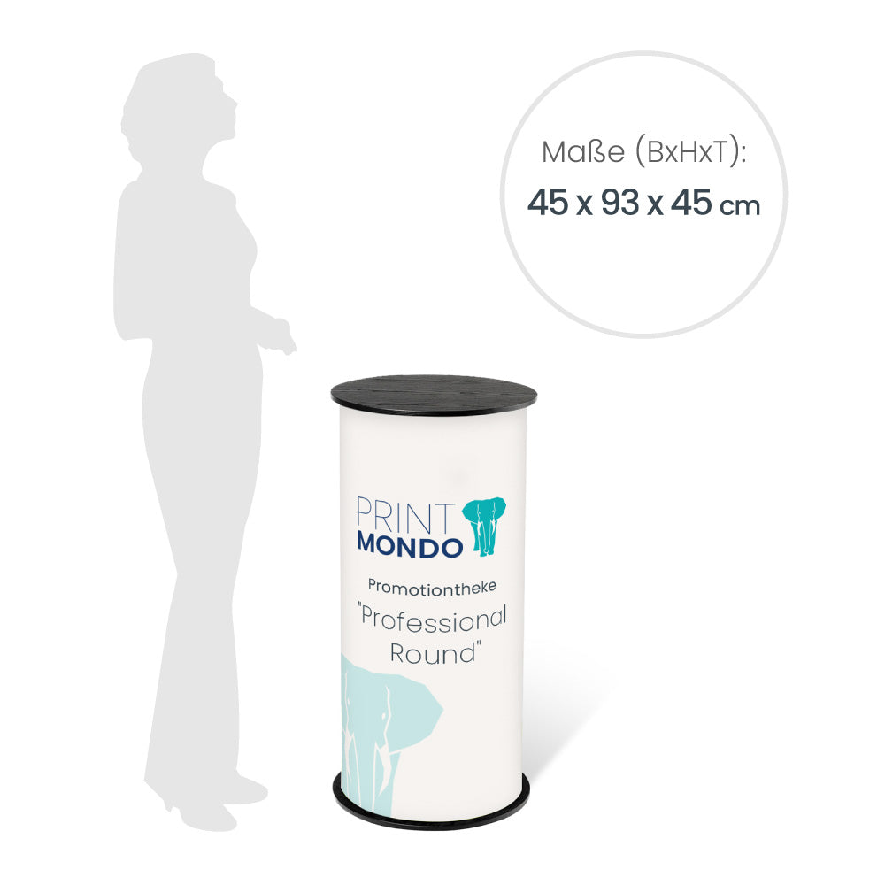 Frontansicht Theke Professional Round mit Druck, daneben eine Schattenperson als Größendarstellung. Ebenfalls angegeben das Aufstellmaß mit 45 x 93x 45 cm. Hier mit einem Beispieldruck in weiss und türkis mit dem Print Mondo Elefanten Logo in blau.