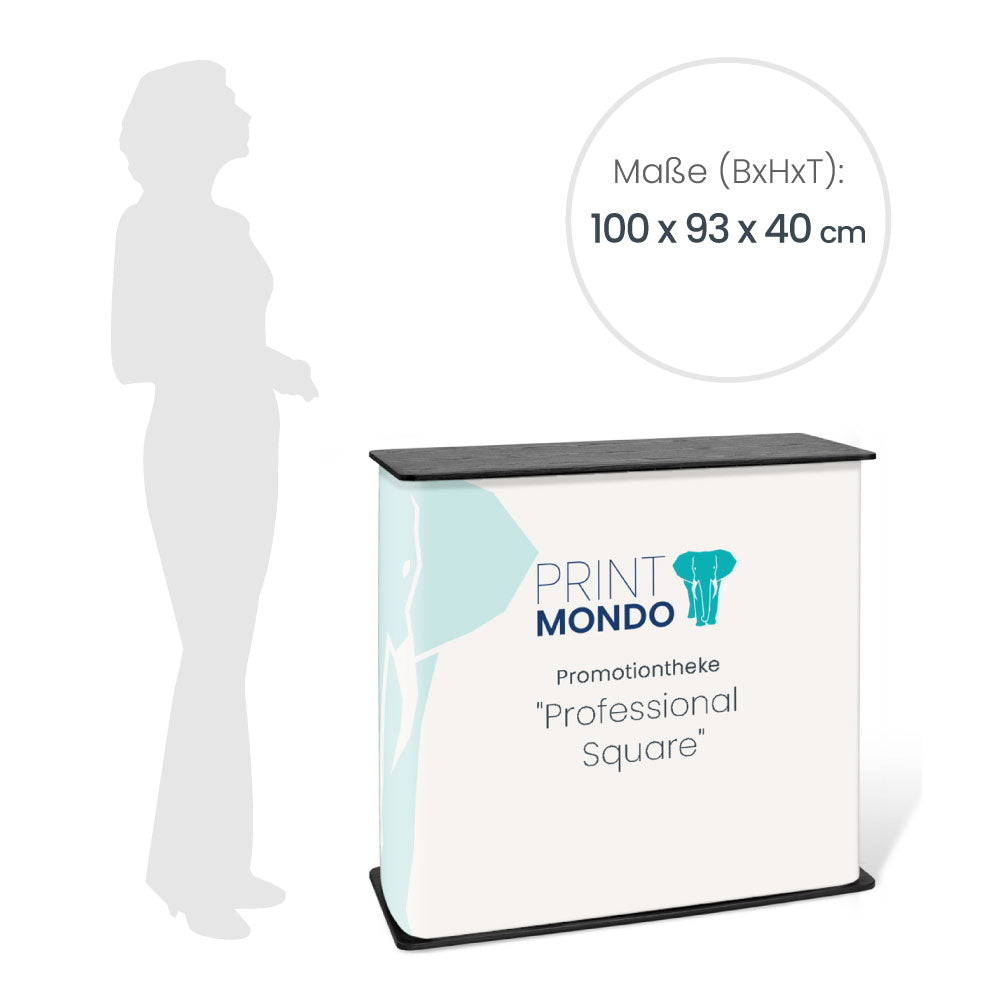 Aufgebaute Theke mit Druck und Schattenperson als Größenvergleich daneben. Ebenfalls angegeben das Aufstellmaß 100 x 93 x 40cm. Hier mit einem Beispieldruck in weiss mit dem Print Mondo Elefanten Logo in türkis und blau.