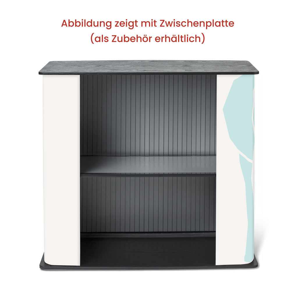 Aufgebaute Theke von hinten, mit Zwischenplatte die als Zubehör erhältlich ist. 