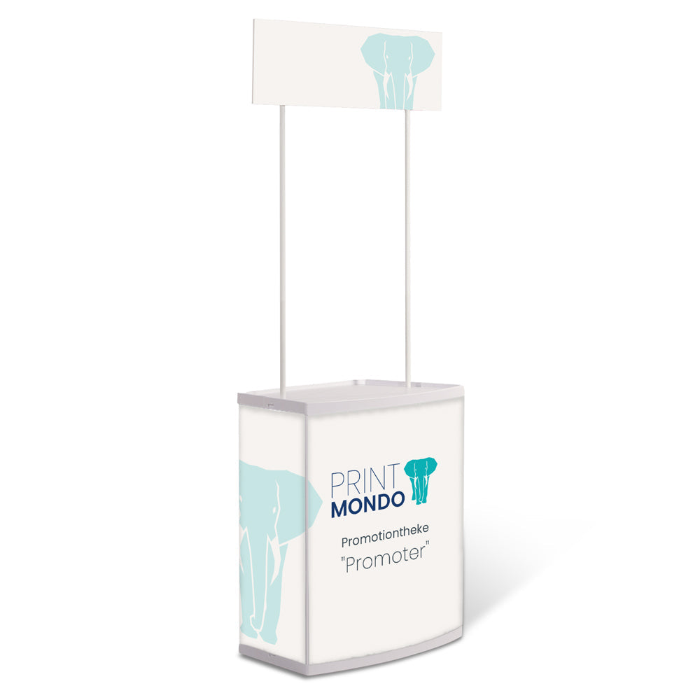 Aufgebauter Promoter mit Druck. Hier mit einem Beispieldruck in weiss mit dem Print Mondo Elefanten Logo in türkis und blau.