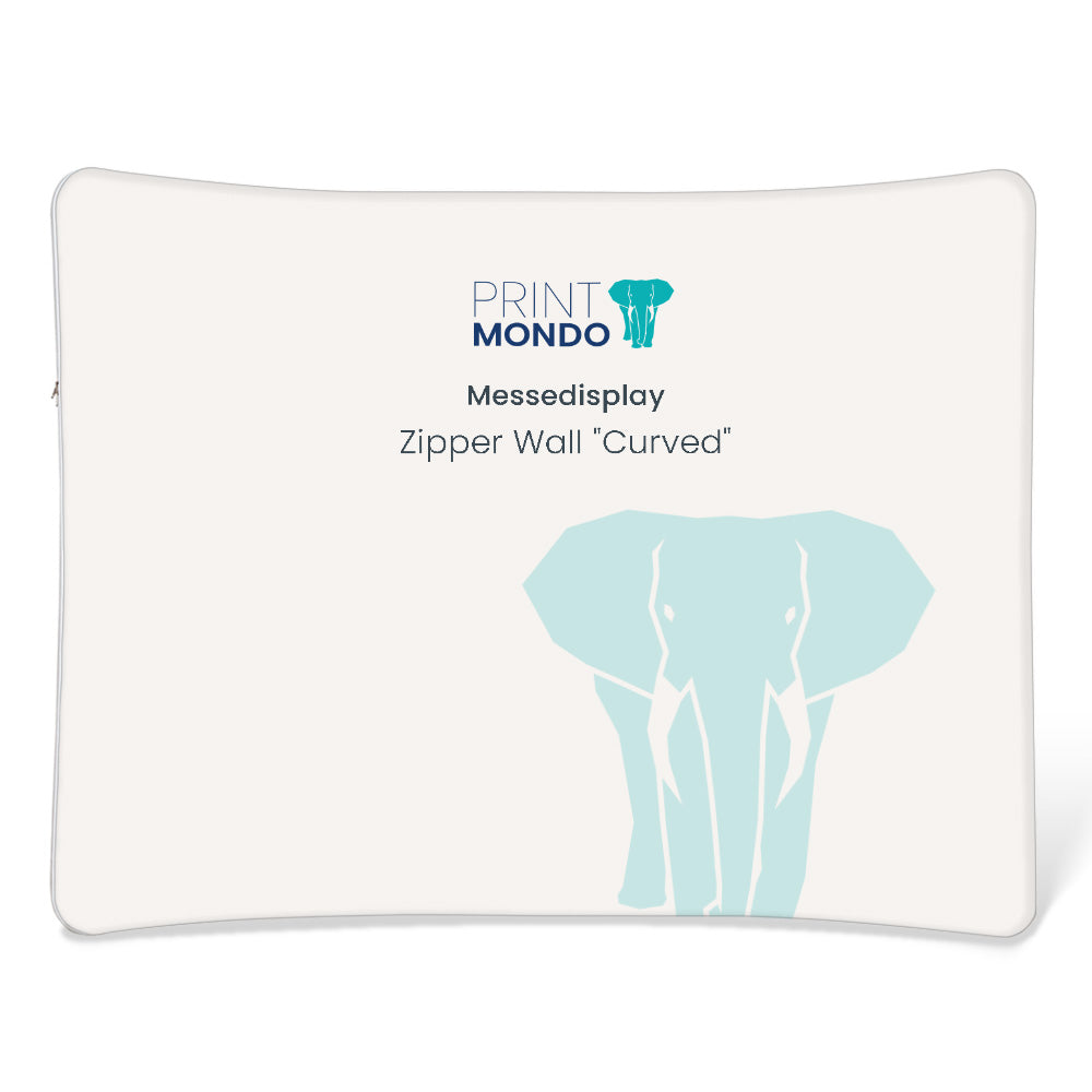Großansicht von der Messewand Zipper Wall curved. Hier mit einem Beispieldruck in weiss und türkis mit dem Print Mondo Elefanten Logo in blau.