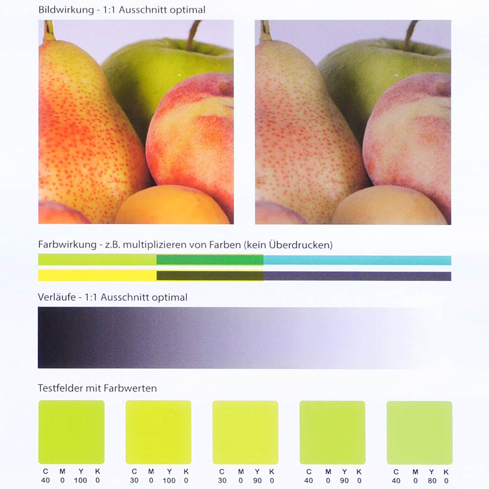 Beispielbild für einen Probeandruck. Mit Obst und einzelnen Farbfeldern, sowie Farbverlauf.